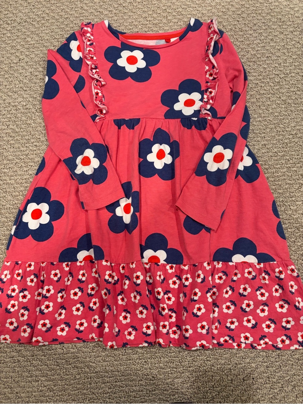 Mini Boden Pink Floral Long Sleeve Dress with Navy and White Blooms size 6/7